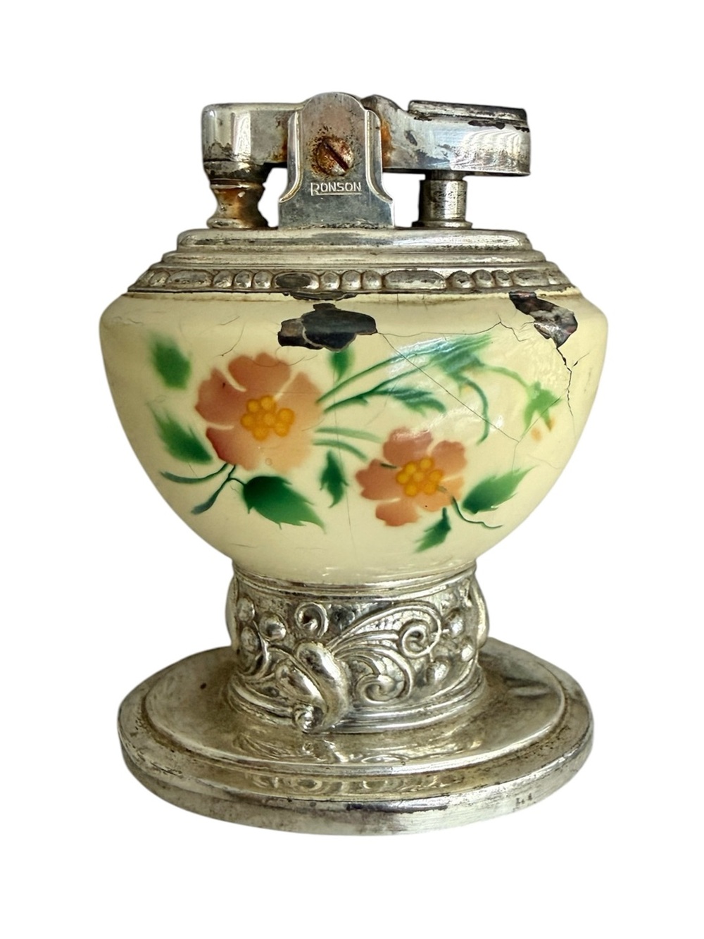 RONSON Vintage Leona MCM Table Lighter Enamel Ivory Cream Floral Filagree